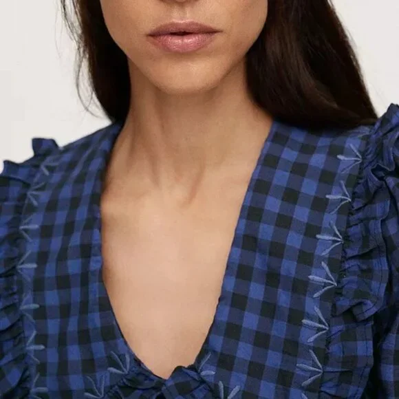 MANGO Women's Check Baby Doll Neck Dress Sz 8 - Picture 3 of 7